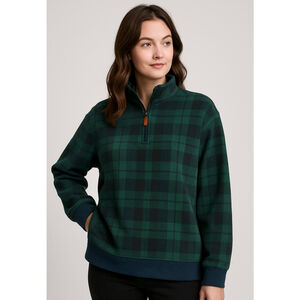 Womens Lands' End Green Navy Plaid 3/4 Zip Sweatshirt Lg Preppy Outdoors Cabinco